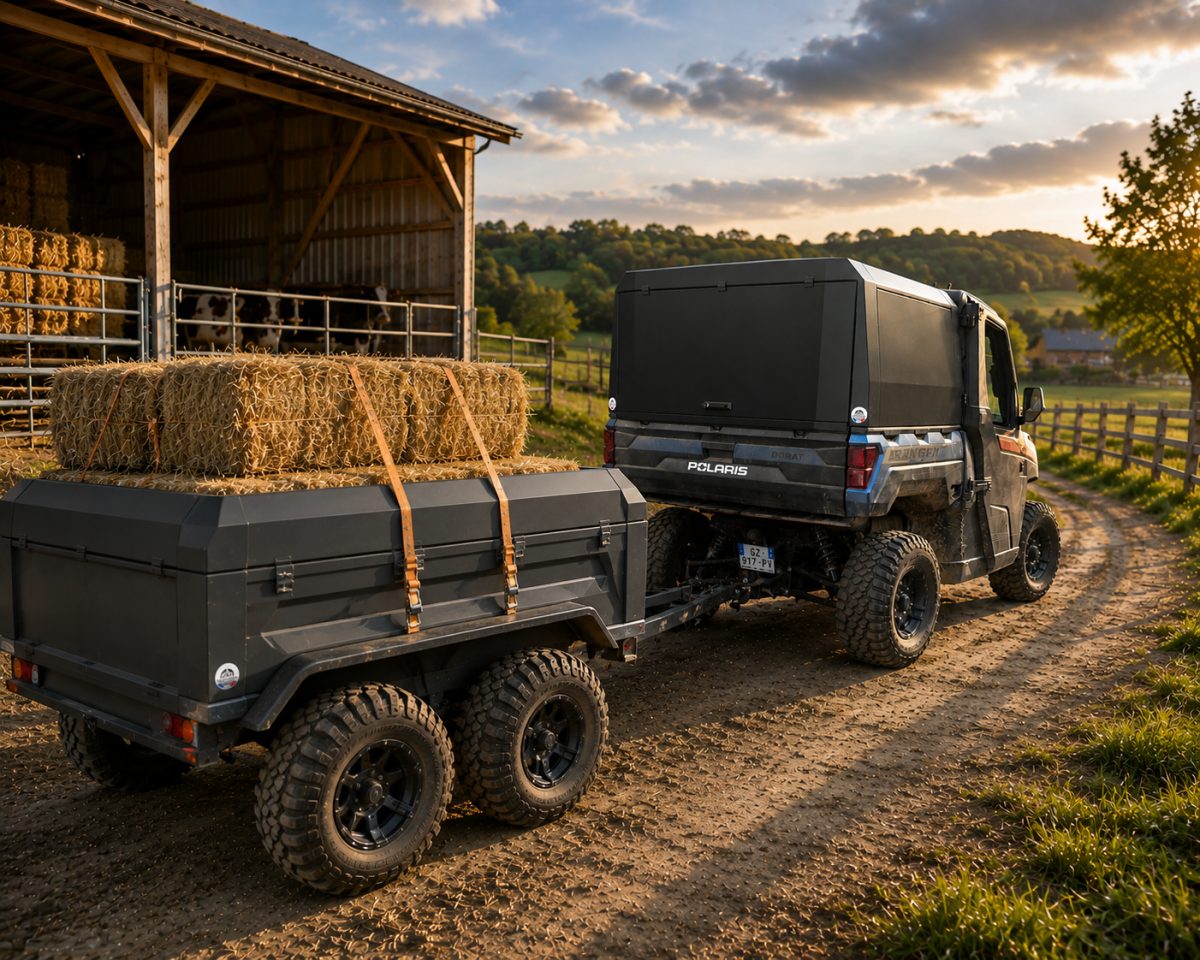 Couverture de benne Polaris Ranger : hard top aluminium sur un Ranger attelé à une remorque